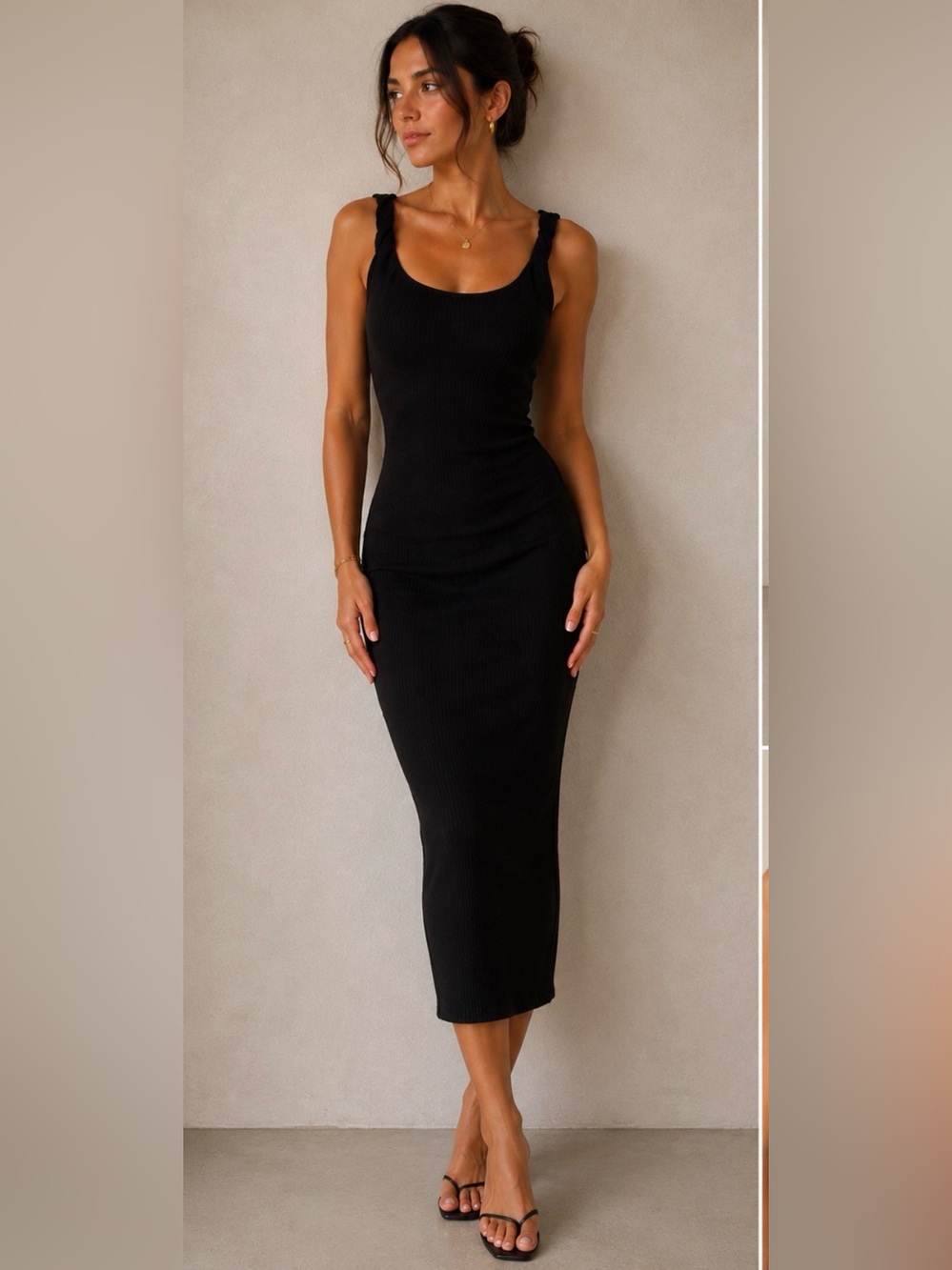 Good American Black Ribbed Midi Dress Twist Strap Scoop Neck Bodycon Size 1/2